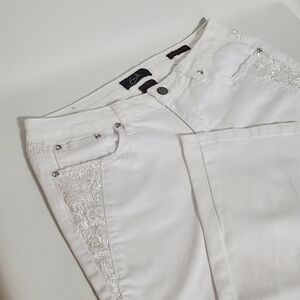 Earl Jeans White Denim Lace Rhinestone Accents Straight Leg Pants